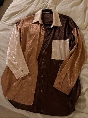 Women's Two-Tone Satin Button-Down Shirt - Brown & Cream
